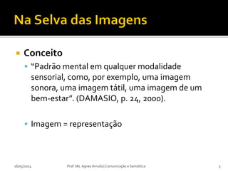  Conceito
 “Padrão mental em qualquer modalidade
sensorial, como, por exemplo, uma imagem
sonora, uma imagem tátil, uma imagem de um
bem-estar”. (DAMASIO, p. 24, 2000).
 Imagem = representação
Prof. Ms. Agnes Arruda | Comunicação e Semiótica26/05/2014 5
 
