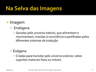  Imagem
 Endógena
▪ Geradas pelo universo interior, que alimentam e
movimentam, trazidas à consciência e partilhadas pelos
diferentes sistemas de tradução
 Exógena
▪ Criadas para transitar pelo universo exterior, sobre
suportes materiais fixos ou móveis
Prof. Ms. Agnes Arruda | Comunicação e Semiótica26/05/2014 6
 