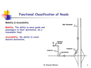Functional Classification of Roads
Mobility & Accessibility
Mobility: The ability to move goods and
passengers to their destination. (in a
reasonable time)
Accessibility: the ability to reach
desired destination,
1
Dr. Rizwan Memon
 