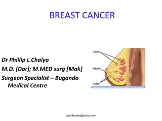 BREAST CANCER
Dr Phillip L.Chalya
M.D. [Dar]; M.MED surg [Mak]
Surgeon Specialist – Bugando
Medical Centre
drphillipoleo@yahoo.com
 