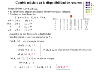 Cambio máximo en la disponibilidad de recursos
- Materia Prima A de 6 a 6+  1
* El cambio solo afectará el segundo miembro de cada iteración.
* Cambios en la tabla óptima
B-1 ( b + b ) : 12,66 + 1/3  1
4/3 + 2/3  1 (1)  0
10/3 - 1/3  1 (2)  0
3 - 1 1 (3)  0
2/3 - 2/3  1 (4)  0
Un cambio de este tipo afecta la factibilidad
Para determinar el intervalo admisible de  1
* si  1 >0: (1) se cumple siempre
de (2)   1  5
de (3)   1  3   1  1, (se elige el menor rango de variación)
de (4 )  1 1
* si  1 <0 : (2), (3) y (4) se satisfacen siempre.
(1)   1  -2
 -2  1  1 ; 6-2 b1  6+1  4 b1 7
Básica z xE xI s1 s2 s3 s4 Solución
z 1 0 0 1/3 4/3 0 0 12,66
xI 0 0 1 2/3 -1/3 0 0 4 / 3
xE 0 1 0 -1/3 2/3 0 0 10 /3
s3 0 0 0 -1 1 1 0 3
s4 0 0 0 -2/3 1/3 0 1 2 / 3
 