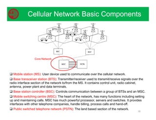 Cellular Network Basic Components
18
 Mobile station (MS): User device used to communicate over the cellular network.
 Base transceiver station (BTS): Transmitter/receiver used to transmit/receive signals over the
radio interface section of the network to/from the MS. It contains control unit, radio cabinet,
antenna, power plant and data terminals.
 Base station controller (BSC): Controls communication between a group of BTSs and an MSC.
 Mobile switching centre (MSC): The heart of the network, has many functions including setting
up and maintaining calls. MSC has much powerful processor, servers and switches. It provides
interfaces with other telephone companies, handle billing, process calls and hand-off.
 Public switched telephone network (PSTN): The land based section of the network.
BTS
Core Network
 
