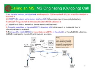26
Calling an MS: MS Originating (Outgoing) Call
1) Via the radio path and the BS network, a call request for GSM subscriber B 9212345 is sent from Mobile A to
MSC/VLR A.
2-3) MSC/VLR A collects authentication data from HLR A (if such data has not been collected earlier).
4) MSC/VLR A requests HLR B of the actual location of GSM subscriber B.
5) Gateway MSC checks with HLR B ”Where is the GSM subscriber?”
6) The call is established to the actual MSC/VLR (Visiting MSC) either directly or through the fixed or
international telephone network
7) The request for mobile 9212345 is transmitted over all BTSs in the actual LA of the called GSM subscriber.
Mobile B recognizes its own identity, and ringing is generated.
 
