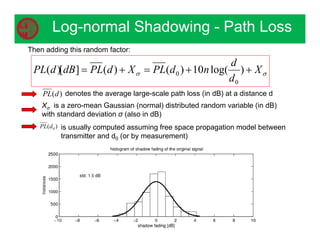 Xσ is a zero-mean Gaussian (normal) distributed random variable (in dB)
with standard deviation σ (also in dB)
Log-normal Shadowing - Path Loss
)
(d
PL

 X
d
d
n
d
PL
X
d
PL
dB
d
PL 



 )
log(
10
)
(
)
(
]
[
)
(
0
0
Then adding this random factor:
denotes the average large-scale path loss (in dB) at a distance d
)
( 0
d
PL is usually computed assuming free space propagation model between
transmitter and d0 (or by measurement)
 