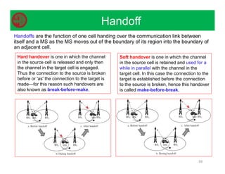 Handoff
59
Handoffs are the function of one cell handing over the communication link between
itself and a MS as the MS moves out of the boundary of its region into the boundary of
an adjacent cell.
Hard handover is one in which the channel
in the source cell is released and only then
the channel in the target cell is engaged.
Thus the connection to the source is broken
before or 'as' the connection to the target is
made—for this reason such handovers are
also known as break-before-make.
Soft handover is one in which the channel
in the source cell is retained and used for a
while in parallel with the channel in the
target cell. In this case the connection to the
target is established before the connection
to the source is broken, hence this handover
is called make-before-break.
 