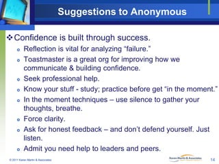 Suggestions to Anonymous
Confidence is built through success.












Reflection is vital for analyzing “fail...