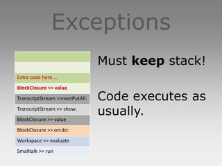 Exceptions
                                 Must keep stack!
Extra code here …
BlockClosure >> value
TranscriptStream >>nextPutAll:   Code executes as
TranscriptStream >> show:
BlockClosure >> value
                                 usually.
BlockClosure >> on:do:
Workspace >> evaluate
Smalltalk >> run
 