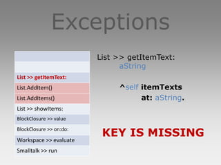Exceptions
                         List >> getItemText:
                               aString
List >> getItemText:
List.AddItem()                ^self itemTexts
List.AddItems()                     at: aString.
List >> showItems:
BlockClosure >> value
BlockClosure >> on:do:
                          KEY IS MISSING
Workspace >> evaluate
Smalltalk >> run
 