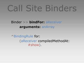 Call Site Binders
Binder >> bindFor: aReceiver
     arguments: anArray

^BindingRule for:
    (aReceiver compiledMethodAt:
         #show).
 