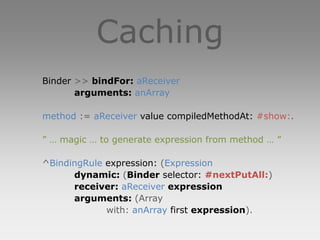 Caching
Binder >> bindFor: aReceiver
       arguments: anArray

method := aReceiver value compiledMethodAt: #show:.

” … magic … to generate expression from method … ”

^BindingRule expression: (Expression
      dynamic: (Binder selector: #nextPutAll:)
      receiver: aReceiver expression
      arguments: (Array
             with: anArray first expression).
 