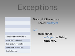 Exceptions
                            TranscriptStream >>
                                show: anObject

                            self
                                   nextPutAll:
TranscriptStream >> show:              anObject asString;
BlockClosure >> value                  endEntry.
BlockClosure >> on:do:
Workspace >> evaluate
Smalltalk >> run
 