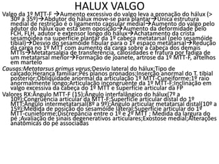 HALUX VALGO
Valgo da 1º MTT-F Aumento excessivo do valgo leva a pronação do hálux (>
30º a 35º)Abdutor do hálux move-se para plantarÚnica estrutura
medial de restrição é o ligamento capsular medialAumento do valgo pelo
adutor do hálux que está sem oposiçãoAumento da deformidade pelo
FCH, FLH, adutor e extensor longo do háluxAchatamento da crista
sesamóidea na superfície plantar da 1º cabeça metatarsal (pelo sesamóide
tibial)Desvio do sesamóide fibular para o 1º espaço metatarsalRedução
da carga no 1º MTT com aumento da carga sobre a cabeça dos demais
MTTsMetatarsalgia de transferência, calosidades e fratura por fadiga de
um metatarsal menorFormação de joanete, artrose da 1º MTT-F, artelhos
em martelo
Causas:Metatarsus primus varus;Desvio lateral do hálux;Tipo de
calçado;Herança familiar;Pés planos pronados;Inserção anormal do T. tibial
posterior;Obliqüidade anormal da articulação 1º MTT-Cuneiforme;1º raio
anormalmente longo;Articulação incongruente da 1º MTT-F;Inclinação em
valgo excessiva da cabeça do 1º MTT e superfície articular da FP
Valores RX:Ângulo MTT-F (15);Ângulo interfalângico do hálux(7º a
10º);Congruência articular da MTT-F;Superfície articular distal do 1º
MTT;Ângulo intermetatarsal(8º a 9º);Ângulo articular metatarsal distal(10º a
15º);Medida de posição do sesamóide lateral;Superfície articular do 1º
MTT-cunieforme;Discrepância entre o 1º e 2º MTT ; Medida da largura do
pé ;Avaliação de sinais degenerativos articulares;Exostose medial;Alterações
anatômicas do pé associadas
 