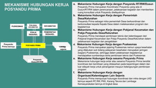 POSYANDU PRIMA
Posyandu
Prima lainnya
Posyandu
Posyandu
Posyandu
Posyandu
Posyandu
Dusun/RT/RW
PUSKESMAS KECAMATAN
POKJANAL
KECAMATAN
PEMERINTAH
DESA/KEL
POKJA
DESA/KEL
Lembaga sejenis
Lembaga sejenis
Lembaga sejenis
L
L
em
e
ba
m
ga
b
se
a
jen
g
is
a
sejenis
MEKANISME HUBUNGAN KERJA
POSYANDU PRIMA
a. Mekanisme Hubungan Kerja dengan Posyandu RT/RW/Dusun
Posyandu Prima merupakan Koordinator Posyandu yang ada di
Dusun/RT/RW dalam perencanaan, pelaksanaan kegiatan dan memberikan
ruang konsultasi untuk Posyandu diwilayahnya
b. Mekanisme Hubungan Kerja dengan Pemerintah
Desa/Kelurahan
Posyandu Prima sebagai mitra pemerintah Desa berkoordinasi dan
berkonsultasi kepada Kepala Desa dalam melaksanakan program dan
kegiatannya
c. Mekanisme Hubungan Kerja dengan Pokjanal Kecamatan dan
Pokja Posyandu Desa/Kelurahan
Posyandu Prima mendapat pembinaan teknis dan kelembagaan dari
Pokjanal tingkat Kecamatan dan Pokja Posyandu Desa/Kelurahan dalam
pelaksanaan kegiatan dan pengelolaan
d. Mekanisme Hubungan Kerja dengan Puskesmas
Posyandu Prima merupakan jejaring Puskesmas namun upaya kesehatan
yang dilakukan sub bidang pelayanan kesehatan merupakan jaringan
(bagian) Puskesmas, sehingga dalam pelaksanaan kegiatannya
mendapatkan sumberdaya serta pembinaan teknis dari Puskesmas
e. Mekanisme Hubungan Kerja sesama Posyandu Prima
Mekanisme hubungan kerja antar atau sesama Posyandu Prima bersifat
koordinasi dan kemitraan yang didasarkan pada kepentingan dalam dan
luar wilayah kerja untuk penanganan maupun kelangsungan pembinaan
program
f. Mekanisme Hubungan Kerja dengan
Organisasi/Kelembagaan Lain Sejenis
Posyandu Prima mempunyai hubungan koordinasi dan mitra dengan LKD
lainnya seperti RT, RW, PKK, Karang Taruna dan Lembaga
Kemasyarakatan lainnya di tingkat desa
 