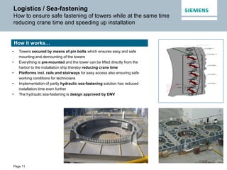 Page 11
Logistics / Sea-fastening
How to ensure safe fastening of towers while at the same time
reducing crane time and speeding up installation
• Towers secured by means of pin bolts which ensures easy and safe
mounting and demounting of the towers
• Everything is pre-mounted and the tower can be lifted directly from the
harbor to the installation ship thereby reducing crane time
• Platforms incl. rails and stairways for easy access also ensuring safe
working conditions for technicians
• Implementation of partly hydraulic sea-fastening solution has reduced
installation time even further
• The hydraulic sea-fastening is design approved by DNV
How it works…
 