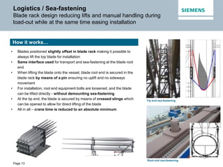 Page 13
Logistics / Sea-fastening
Blade rack design reducing lifts and manual handling during
load-out while at the same time easing installation
Tip end sea-fastening
Root end sea-fastening
• Blades positioned slightly offset in blade rack making it possible to
always lift the top blade for installation
• Same interface used for transport and sea-fastening at the blade root
end
• When lifting the blade onto the vessel, blade root end is secured in the
blade rack by means of a pin ensuring no uplift and no sideways
movement
• For installation, root end equipment bolts are loosened, and the blade
can be lifted directly - without demounting sea-fastening
• At the tip end, the blade is secured by means of crossed slings which
can be opened to allow for direct lifting of the blade
• All in all – crane time is reduced to an absolute minimum
How it works…
 