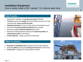Page 17
Installation Equipment
How to safely install a 350 t nacelle 110 m above water level
• Designed for installation at average wind speed of 14 m/s
• Trunnion has the same design for all three lifting devices for our main
component lifts: tower, nacelle and yoke
• Integrated stairways for safe and easy access and preparatory work
• Three-point lift ensuring stable positioning of the nacelle
• Remote-controlled horizontal adjustment during lift
• Reduction of lifting brackets and loose parts improving safety and
reducing heavy lifts for technicians
• Full GL approval – design, production and load test
How it works…
What we achieve…
 Reduction of installation time compared to other known solutions
 Increased safety and improved working environment for technicians
 Future-proof – designed for next generation nacelles
 