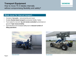 Page 8
Transport Equipment
How to move 75 m blades internally
without compromising flexibility and safety?
• Consists of two parts – root end and tip end mover
• Enables flexible blade transport at production facility / harbor
• Tuck master for root end / tip end remote controlled by technician on
ground = high maneuverability
• Cost reductions and increased safety due to reduced number of
lifting operations
Blade mover for internal transport…
Root end mover Tip end mover
 