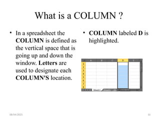 08/04/2025 10
What is a COLUMN ?
• In a spreadsheet the
COLUMN is defined as
the vertical space that is
going up and down the
window. Letters are
used to designate each
COLUMN'S location.
• COLUMN labeled D is
highlighted.
 