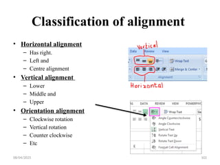 08/04/2025 102
Classification of alignment
• Horizontal alignment
– Has right.
– Left and
– Centre alignment
• Vertical alignment
– Lower
– Middle and
– Upper
• Orientation alignment
– Clockwise rotation
– Vertical rotation
– Counter clockwise
– Etc
 