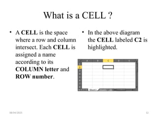 08/04/2025 12
What is a CELL ?
• A CELL is the space
where a row and column
intersect. Each CELL is
assigned a name
according to its
COLUMN letter and
ROW number.
• In the above diagram
the CELL labeled C2 is
highlighted.
 