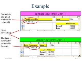 08/04/2025 181
Example
Formula to
add up all
numbers in
column D
(Same
Spreadsheet)
The Year is
incorrectly
included in
the sum.
formula view (press Cntrl-`)
values view (press Cntrl-`)
 