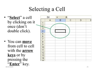 08/04/2025 25
Selecting a Cell
• “Select” a cell
by clicking on it
once (don’t
double click).
• You can move
from cell to cell
with the arrow
keys or by
pressing the
“Enter” key.
 