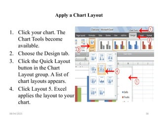 08/04/2025 58
Apply a Chart Layout
1. Click your chart. The
Chart Tools become
available.
2. Choose the Design tab.
3. Click the Quick Layout
button in the Chart
Layout group. A list of
chart layouts appears.
4. Click Layout 5. Excel
applies the layout to your
chart.
 