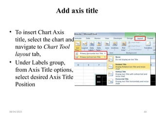 08/04/2025 60
Add axis title
• To insert Chart Axis
title, select the chart and
navigate to Chart Tool
layout tab,
• Under Labels group,
from Axis Title options,
select desired Axis Title
Position
 