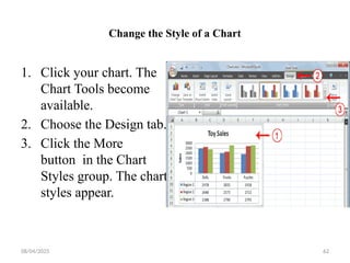 08/04/2025 62
Change the Style of a Chart
1. Click your chart. The
Chart Tools become
available.
2. Choose the Design tab.
3. Click the More
button in the Chart
Styles group. The chart
styles appear.
 