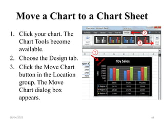 08/04/2025 66
Move a Chart to a Chart Sheet
1. Click your chart. The
Chart Tools become
available.
2. Choose the Design tab.
3. Click the Move Chart
button in the Location
group. The Move
Chart dialog box
appears.
 