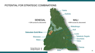 20
+40M ounces Au discovered+12M ounces Au discovered
Yatela
Sadiola
Kofi
Loulo
Tabakoto Segala
Gounkoto
Yalea
Fekola
Massawa
Mako
Boto
Sabodala Gold Mine
Makabingui
POTENTIAL FOR STRATEGIC COMBINATIONS
 