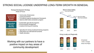 5
6 LTI
2 LTI
Zero LTI (per one million
man hours worked)
2012 2013 2014
36% 48% 50%
55% 42% 41%
9% 10% 9%
Expatriates
Other in Senegal
Near-mine Region
STRONG SOCIAL LICENSE UNDERPINS LONG-TERM GROWTH IN SENEGAL
Teranga Development Strategy
Areas of Focus
Sustainable
Economic
Growth
• Community infrastructure
• Local procurement
• Formalizing regional development framework
• Seed-to-shelf cotton production program
Youth
Education
& Training
• Agriculture & mining vocational training programs
• Internships and international bursaries
• Health education
Agriculture
& Food
Security
• Sustainable agricultural programs
• Environmental management
• Livestock farming and breeding
Hiring Locally and Regionally
Working with our partners to have a
positive impact on key areas of
community development
2012 2013 2014
3.5M 2.9M
3.2M
Best-in-Class Safety
(man hours worked)
 
