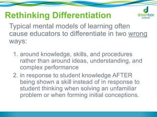 Rethinking Differentiation
Typical mental models of learning often
cause educators to differentiate in two wrong
ways:
1. around knowledge, skills, and procedures
rather than around ideas, understanding, and
complex performance
2. in response to student knowledge AFTER
being shown a skill instead of in response to
student thinking when solving an unfamiliar
problem or when forming initial conceptions.
 
