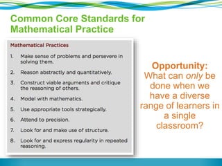 Common Core Standards for
Mathematical Practice
Opportunity:
What can only be
done when we
have a diverse
range of learners in
a single
classroom?
 