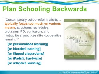 Plan Schooling Backwards
“Contemporary school reform efforts…
typically focus too much on various
means: structures, schedules,
programs, PD, curriculum, and
instructional practices (like cooperative
learning)”
[or personalized learning]
[or blended learning]
[or flipped classrooms]
[or iPads®, hardware]
[or adaptive learning]
p. 234-235, Wiggins & McTighe, © 2007
 