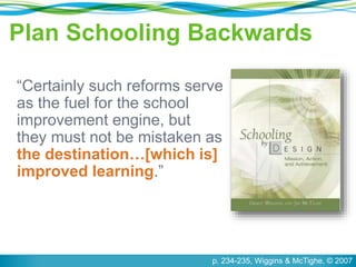 Plan Schooling Backwards
“Certainly such reforms serve
as the fuel for the school
improvement engine, but
they must not be mistaken as
the destination…[which is]
improved learning.”
p. 234-235, Wiggins & McTighe, © 2007
 