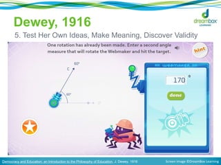 Dewey, 1916
5. Test Her Own Ideas, Make Meaning, Discover Validity
Democracy and Education: an Introduction to the Philosophy of Education, J. Dewey, 1916 Screen image ©DreamBox Learning
 