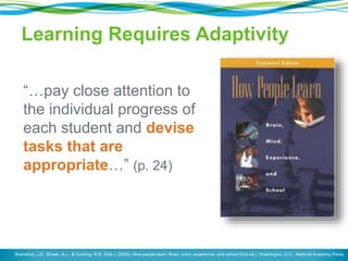 Learning Requires Adaptivity
“…pay close attention to
the individual progress of
each student and devise
tasks that are
appropriate…” (p. 24)
Bransford, J.D., Brown, A.L., & Cocking, R.R. (Eds.). (2000). How people learn: Brain, mind, experience, and school (2nd ed.). Washington, D.C.: National Academy Press.
 