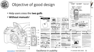www.dadda.it roberto@dadda.it Excellence in usability 1st semester 2021-2022 11
Objective of good design
• Help users cross the two gulfs
• Without manuals!
 