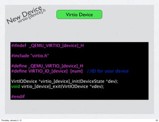 ivcce].h
                          ev i e
            D-[de                      Virtio Device
        ewirtio
       N v


           #ifndef _QEMU_VIRTIO_[device]_H

           #include "virtio.h“

           #deﬁne _QEMU_VIRTIO_[device]_H
           #deﬁne VIRTIO_ID_[device] [num] //ID for your device

           VirtIODevice *virtio_[device]_init(DeviceState *dev);
           void virtio_[device]_exit(VirtIODevice *vdev);

           #endif




Thursday, January 5, 12                                            35
 