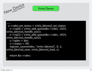 e
                            icice
            Dial de       ev v       Virtio Device
       New init

           .....
             s->vdev.set_status = virtio_[device]_set_status;
               s->vq[0] = virtio_add_queue(&s->vdev, 1024,
           virtio_[device]_handle_out1);
               s->vq[1] = virtio_add_queue(&s->vdev, 1024,
           virtio_[device]_handle_out2);
               s->qdev = dev;
               s->status = 99;
               register_savevm(dev, "virtio-[device]”, 0, 2,
           virtio_[device]_save, virtio_[device]_load, s);

                 return &s->vdev;
           }



Thursday, January 5, 12                                         44
 