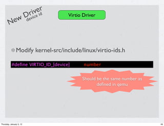 r
                             eid
           Devic          rive       Virtio Driver
        New d


                Modify kernel-src/include/linux/virtio-ids.h

           #deﬁne VIRTIO_ID_[device]        number


                                           Should be the same number as
                                                  deﬁned in qemu




Thursday, January 5, 12                                                   49
 