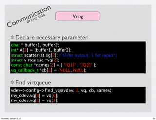 ati on
               nviec side
            uri r                         Vring
         omm d
        C
                Declare necessary parameter
           char * buffer1, buffer2;
           int* A[2] = {buffer1, buffer2};
           struct scatterlist sg[2]; /*0 for output, 1 for input*/
           struct virtqueue *vq[2];
           const char *names[2] = { “[Q1]“ , “[Q2]“ };
           vq_callback_t *cb[2] = {NULL, NULL};


                Find virtqueue
           vdev->conﬁg->ﬁnd_vqs(vdev, 2, vq, cb, names);
           my_cdev.vq[0] = vq[0];
           my_cdev.vq[1] = vq[1];



Thursday, January 5, 12                                              54
 