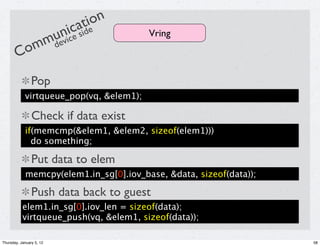 ati on
               niicc side
            uev e                        Vring
         omm d
        C
                Pop
            virtqueue_pop(vq, &elem1);

                Check if data exist
            if(memcmp(&elem1, &elem2, sizeof(elem1)))
              do something;

                Put data to elem
            memcpy(elem1.in_sg[0].iov_base, &data, sizeof(data));

                Push data back to guest
           elem1.in_sg[0].iov_len = sizeof(data);
           virtqueue_push(vq, &elem1, sizeof(data));

Thursday, January 5, 12                                             58
 