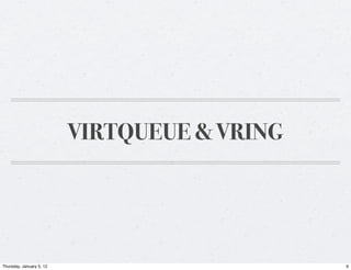 VIRTQUEUE & VRING




Thursday, January 5, 12                       9
 