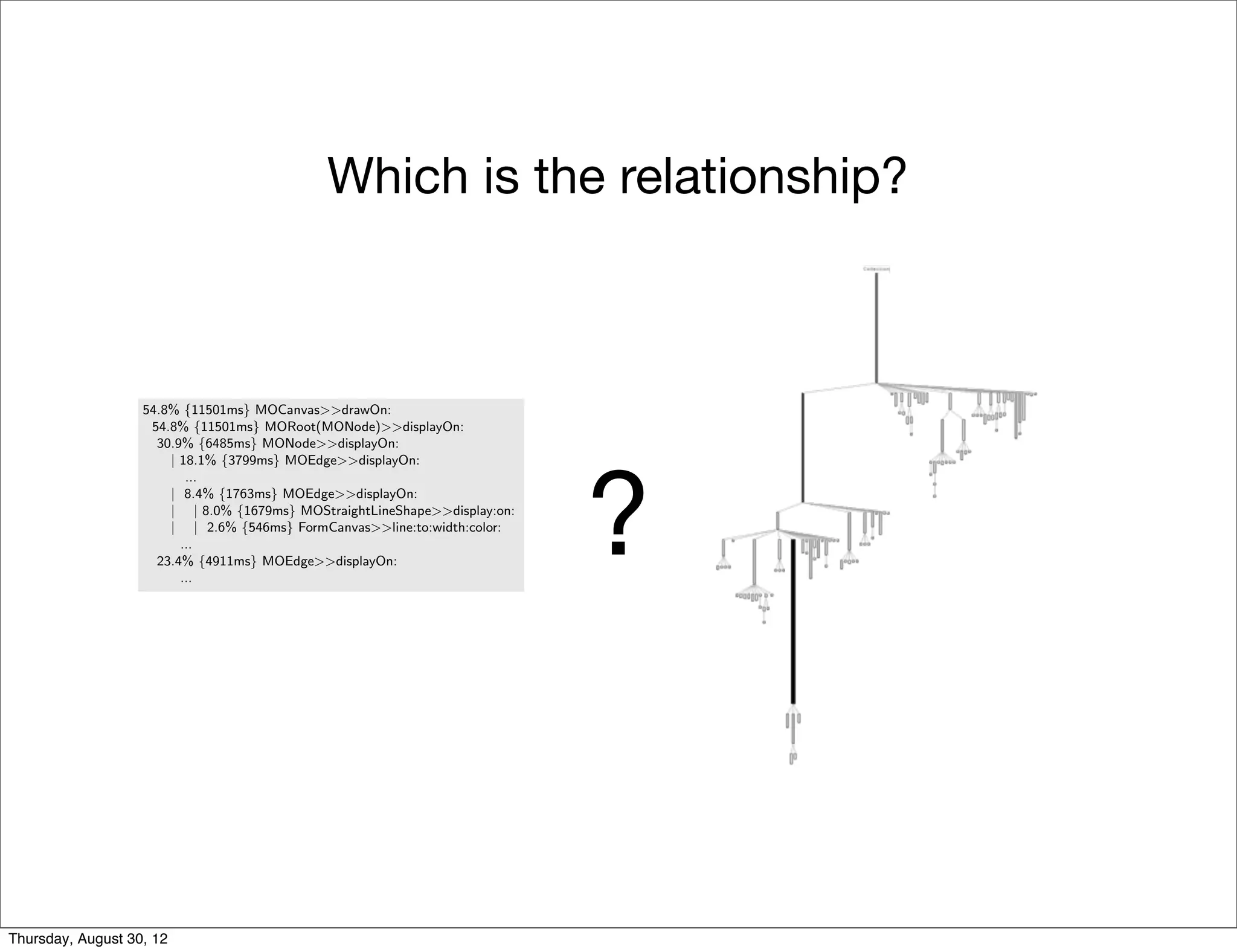 Domain-Speciﬁc Proﬁling        3

                   CPU time proﬁling

                                               Which is the relationship?
                   Mondrian [9] is an open and agile visualization engine. Mondrian describes a
                   visualization using a graph of (possibly nested) nodes and edges. In June 2010
                   a serious performance issue was raised1 . Tracking down the cause of the poor
                   performance was not trivial. We ﬁrst used a standard sample-based proﬁler.
                        Execution sampling approximates the time spent in an application’s methods
                   by periodically stopping a program and recording the current set of methods
                   under executions. Such a proﬁling technique is relatively accurate since it has
                   little impact on the overall execution. This sampling technique is used by almost
                   all mainstream proﬁlers, such as JProﬁler, YourKit, xprof [10], and hprof.
                        MessageTally, the standard sampling-based proﬁler in Pharo Smalltalk2 , tex-
                   tually describes the execution in terms of CPU consumption and invocation for
                   each method of Mondrian:
                   54.8% {11501ms} MOCanvas>>drawOn:
                    54.8% {11501ms} MORoot(MONode)>>displayOn:
                     30.9% {6485ms} MONode>>displayOn:




                                                                                       ?
                       | 18.1% {3799ms} MOEdge>>displayOn:
                          ...
                       | 8.4% {1763ms} MOEdge>>displayOn:
                       | | 8.0% {1679ms} MOStraightLineShape>>display:on:
                       | | 2.6% {546ms} FormCanvas>>line:to:width:color:
                         ...
                     23.4% {4911ms} MOEdge>>displayOn:
                         ...

                      We can observe that the virtual machine spent about 54% of its time in
                   the method displayOn: deﬁned in the class MORoot. A root is the unique non-
                   nested node that contains all the nodes of the edges of the visualization. This
                   general proﬁling information says that rendering nodes and edges consumes a
                   great share of the CPU time, but it does not help in pinpointing which nodes
                   and edges are responsible for the time spent. Not all graphical elements equally
                   consume resources.
                      Traditional execution sampling proﬁlers center their result on the frames of
                   the execution stack and completely ignore the identity of the object that received
                   the method call and its arguments. As a consequence, it is hard to track down
                   which objects cause the slowdown. For the example above, the traditional proﬁler
                   says that we spent 30.9% in MONode>>displayOn: without saying which nodes
                   were actually refreshed too often.

                   Coverage
                   PetitParser is a parsing framework combining ideas from scannerless parsing,
                   parser combinators, parsing expression grammars and packrat parsers to model
Thursday, August 30, 12
                   grammars and parsers as objects that can be reconﬁgured dynamically [11].
 
