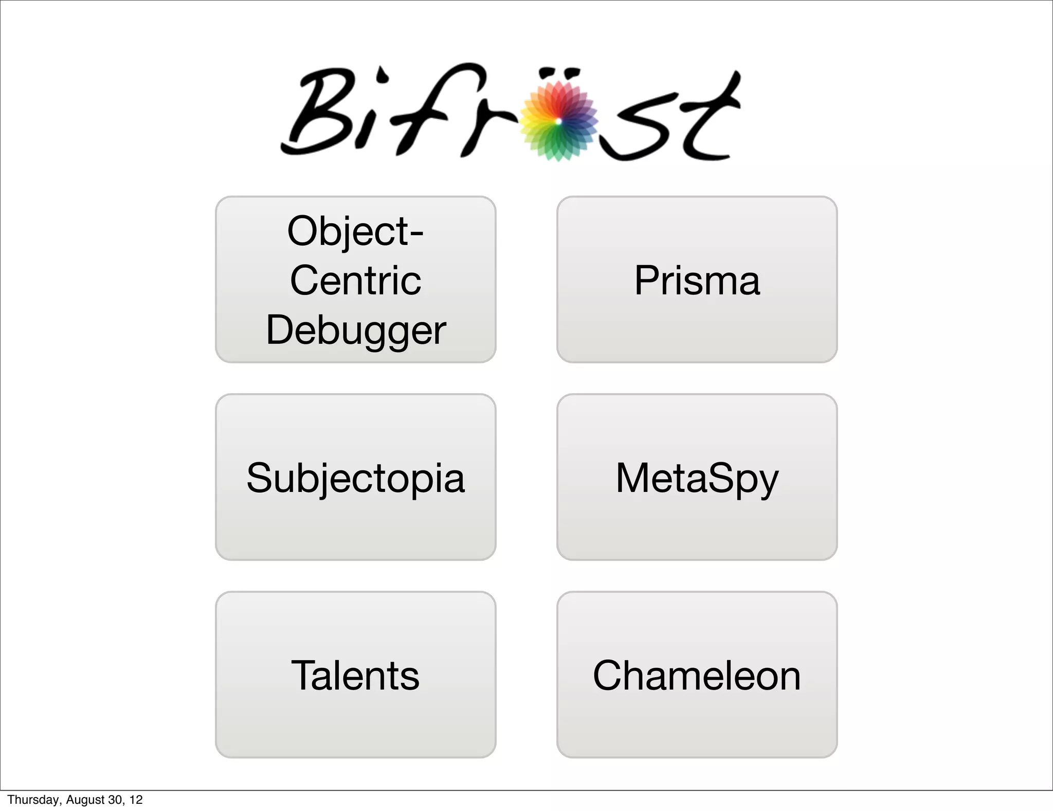 Object-
                           Centric       Prisma
                          Debugger


                          Subjectopia   MetaSpy



                            Talents     Chameleon

Thursday, August 30, 12
 
