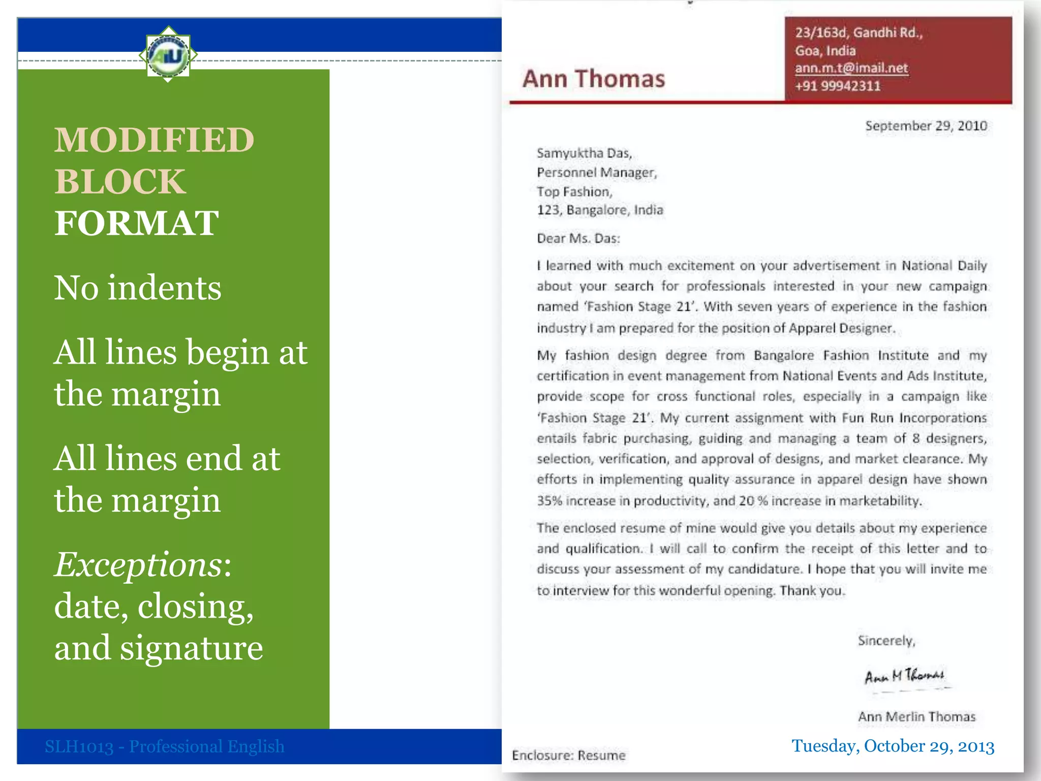 Professional Communication - Indention & Alignment in Formal Letters | PPTX