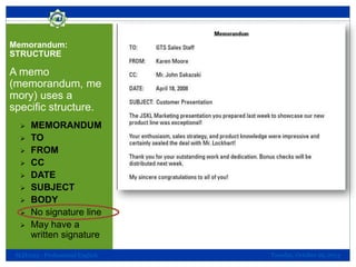 Memorandum:
STRUCTURE

A memo
(memorandum, me
mory) uses a
specific structure.










MEMORANDUM
TO
FROM
CC
DATE
SUBJECT
BODY
No signature line
May have a
written signature

SLH1013 - Professional English

Tuesday, October 29, 2013

 
