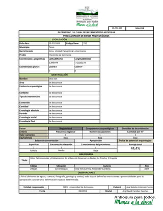 Media
Elaboró
Hitos Patrimoniales y Poblamiento. En el Área de Reserva Las Nubes, La Trocha, El Capote
Código
295CD.
Superficie
Frecuencia regional
Equivalencia
Valor númerico
Se desconoce
Se desconoce
Tipo de intervención Se desconoce
Contenido
Cronología absoluta Se desconoce
Factores de alteración
2
Cronología final
Cantidad
LOCALIZACIÓN
Evidencia arqueológica
Criterio
Factor
Periodo Se desconoce
Cronología inicial
Nombre
Área
Municipio
Coord Y
Contexto
Se desconoce
Tarso
Zona- Unidad Paisajística La GermaniaBarrioVereda
Sitio 014
Se desconoce
Densidad de las evidenciasSingularidad
Se desconoce
Se desconoce
Coordenadas geográficas Latitud(Norte) Longitud(Oeste)
5,846944 -75,820278
0 0
Hacienda La GermaniaPredio
Coordenadas planas
Sitio 014
Coord X
2
PATRIMONIO CULTURAL DEPARTAMENTO DE ANTIOQUIA
PREVALORACIÓN DE BIENES ARQUEOLÓGICOS
BIBLIOGRAFIA
Aux Natalia Jiménez ClavijoINER, Universidad de Antioquia.
y físico (divisorias de aguas, cuencas, fisiografía, geología y suelos), todo lo cual define las restricciones y potencialidades para la
apropiación y uso de una delimitación espacial determinada.
Apropiación
Conocimiento del yacimiento
1
Se desconoce
Componentes arqueológicos
Número ocupaciones
Media
05-792-009
IDENTIFICACIÓN
Cantidad por m²
Ficha Nro. 05-792-009 Código Dane 792
06/2011 Revisó
1
Baja
Índice de potencial arqueológico
Puntaje total
44,4%
OBSERVACIONES
Autores
Elvia Inés Correa, Alexander Cardona.
Año
2004
1
Baja
Titulo
Corantioquia
Ubicación
Estado de conservación
Entidad responsable
Baja
Arq David Escobar CuartasFecha
1
Baja
 